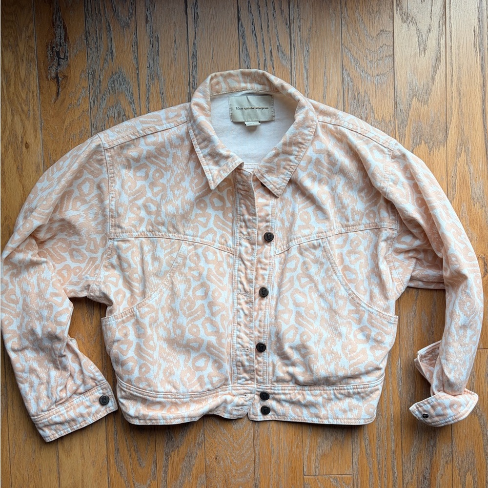 Anthropologie Light Pink Leopard Print Jean Jacket